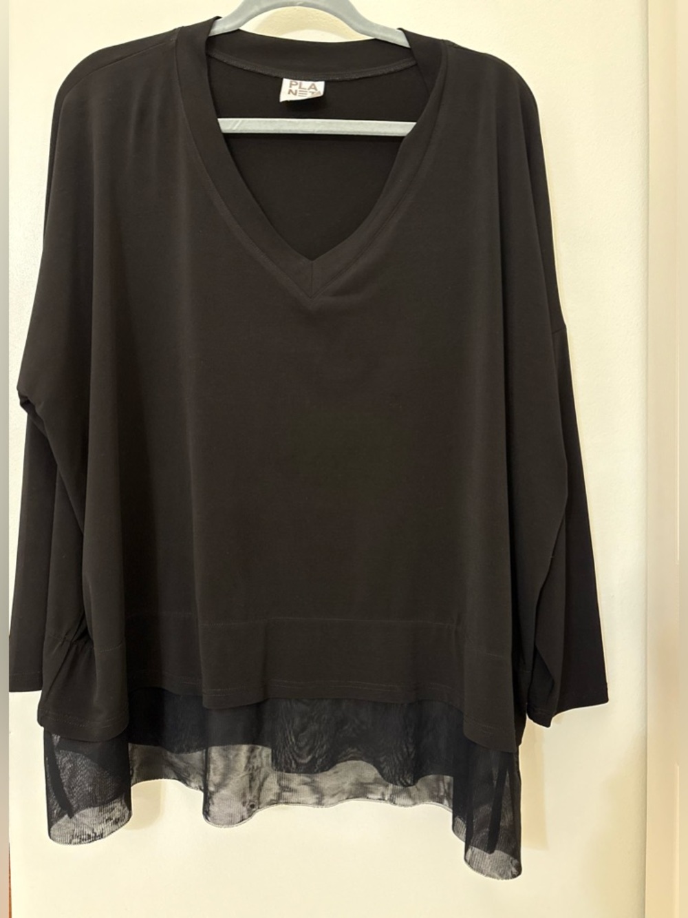 PLANET by Lauren G Black V-Neck Tunic with Sheer Hem Oversized Shirt One Size